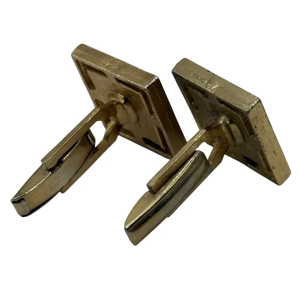 Vintage Cufflinks Roman Trojan Greek‎ Soldier Gold Tone Black Center Open Frame